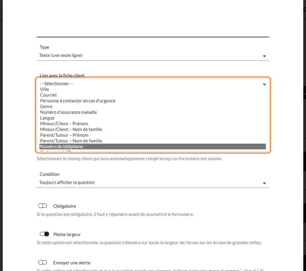 Liste Lien avec la fiche client d'une question Texte (une seule ligne)