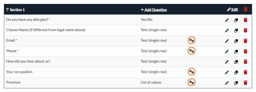 Gears icon on the questions mapped to a client field