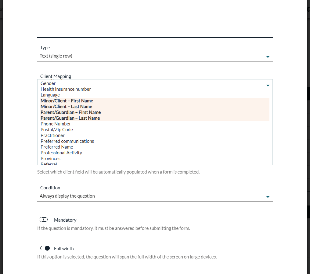 The Minor/Client and Parent/Guardian fields in the Client Mapping list