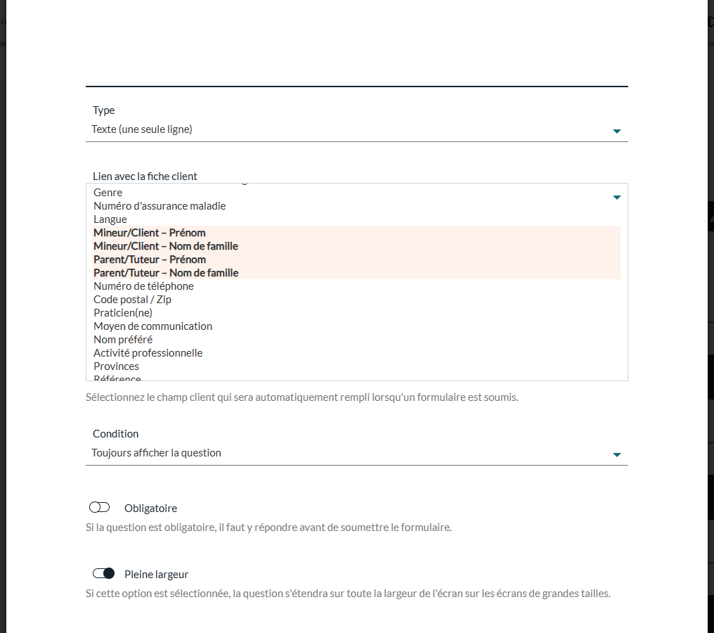 Les champs Mineur/Client et Parent/Tuteur dans la liste Lien avec la fiche client