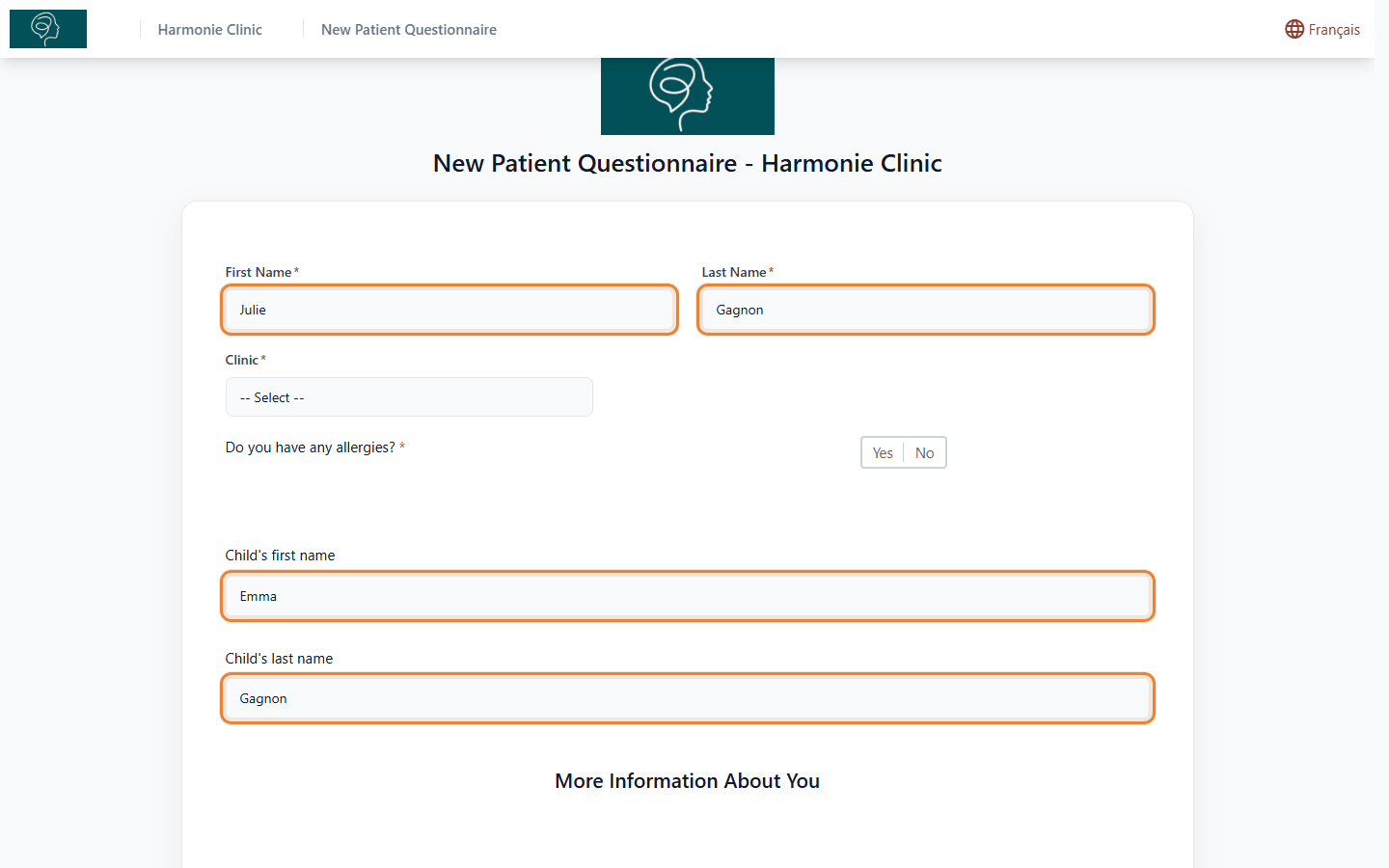 Preview of the form with the name of the parent at the top and the name of the child below