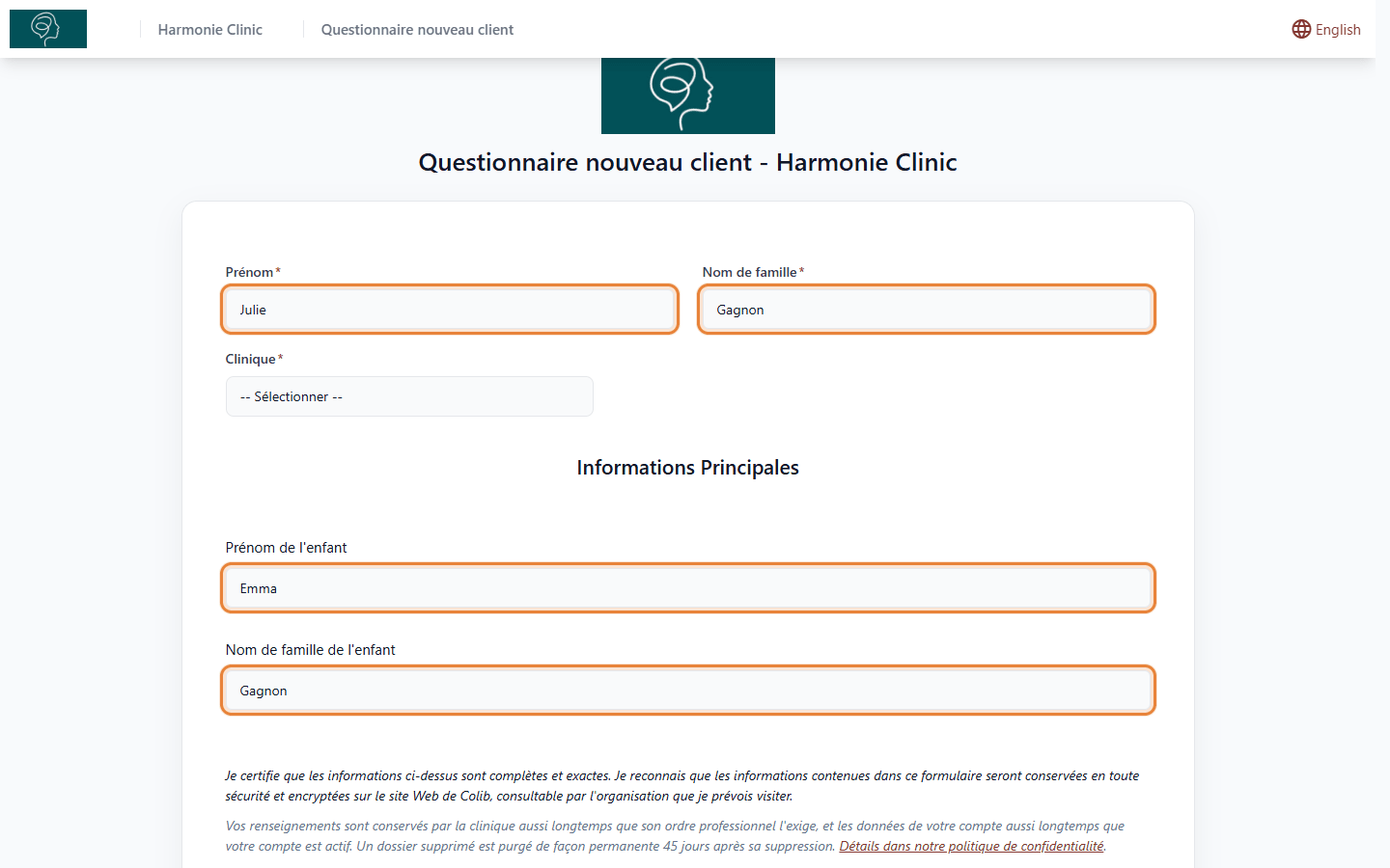 Aperçu du formulaire avec le nom du parent en haut et le nom de l'enfant en dessous