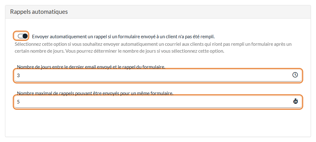 Section Rappels automatiques dans Réglages > Formulaires