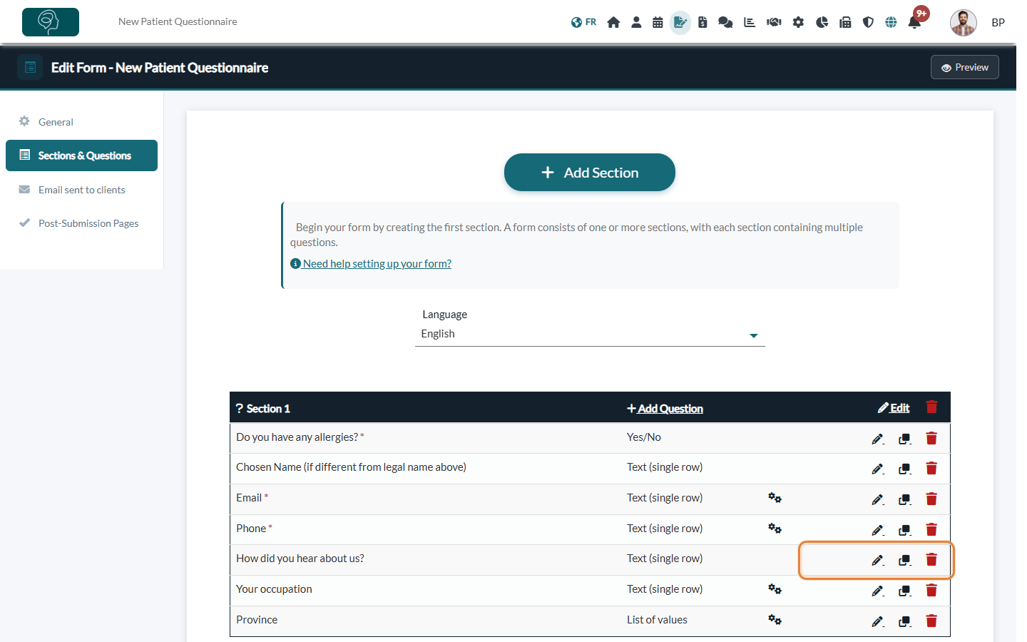 Sections & Questions tab with the edit, duplicate and delete icons of a question