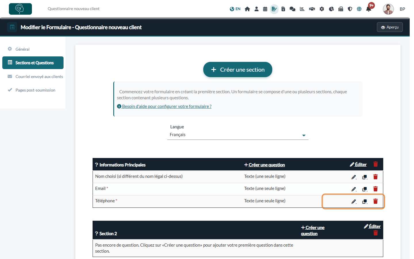 Onglet Sections et Questions avec les icônes modifier, dupliquer et supprimer d'une question