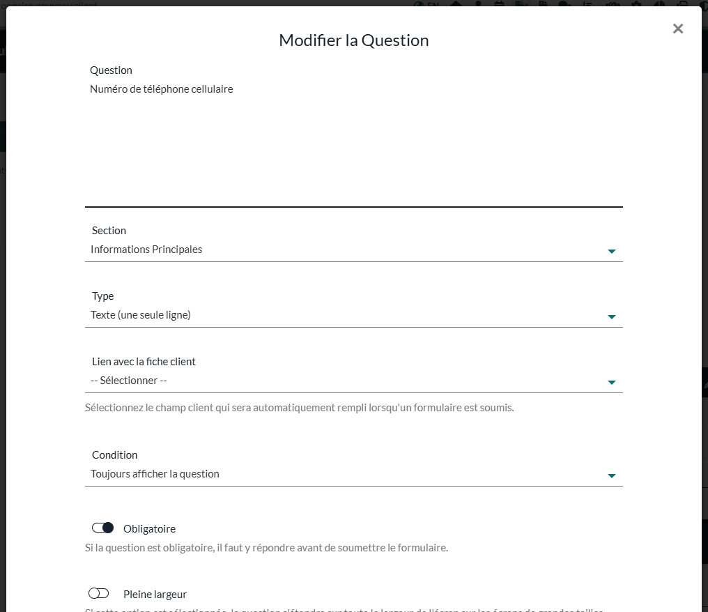Fenêtre Modifier la question