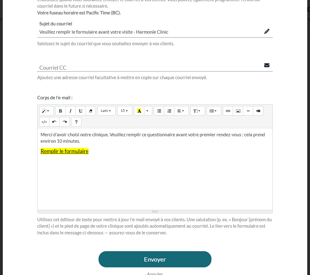 Fenêtre d'envoi du formulaire par courriel avec le message par défaut et le lien Remplir le formulaire