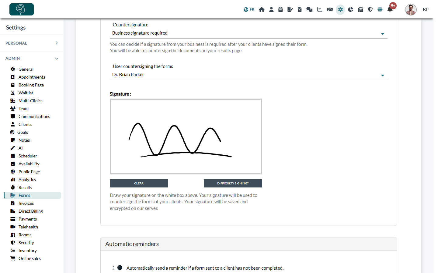 Signature section in Settings > Forms with Business signature required and a drawn signature