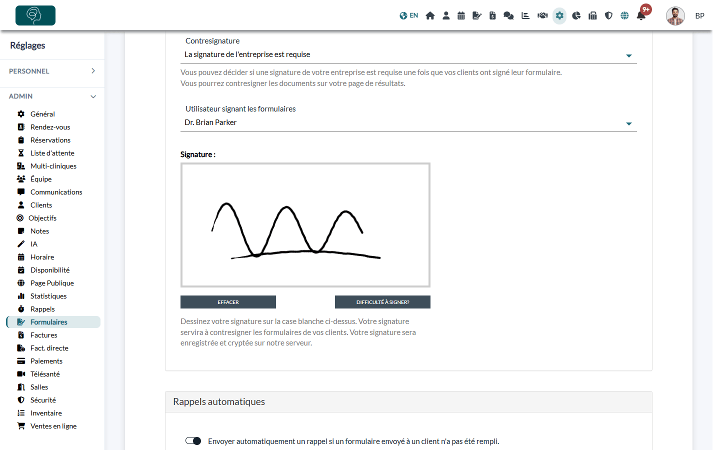 Section Signature dans Réglages > Formulaires avec la signature de l'entreprise requise et une signature dessinée