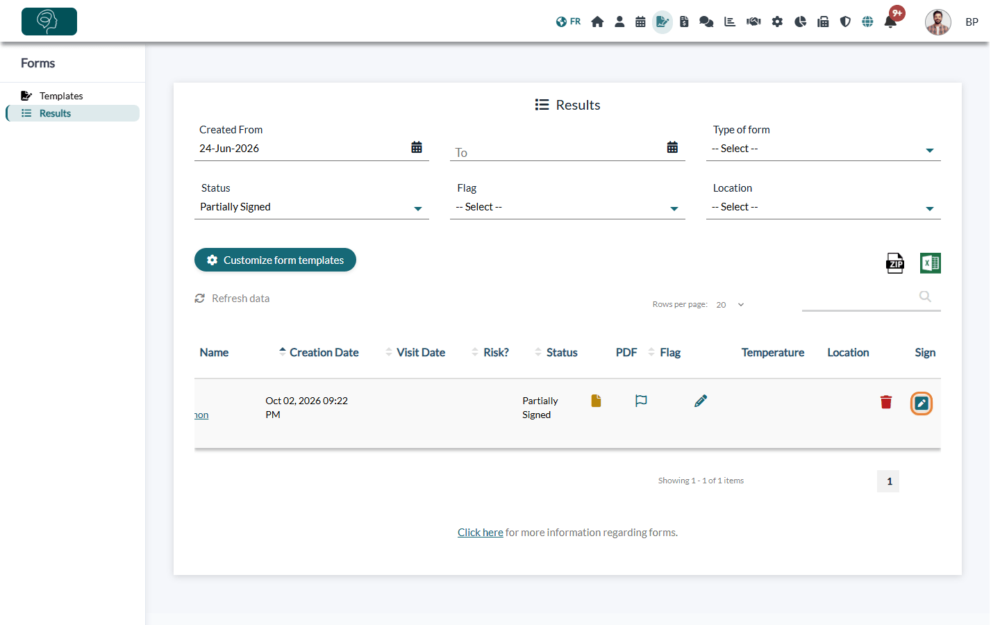 Forms results filtered on Partially Signed, with the Sign icon