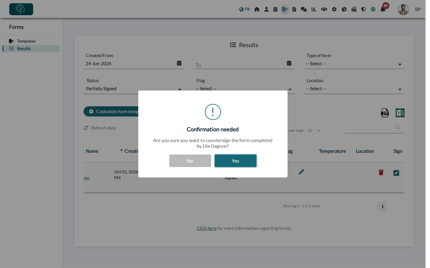 Confirmation window before countersigning a form