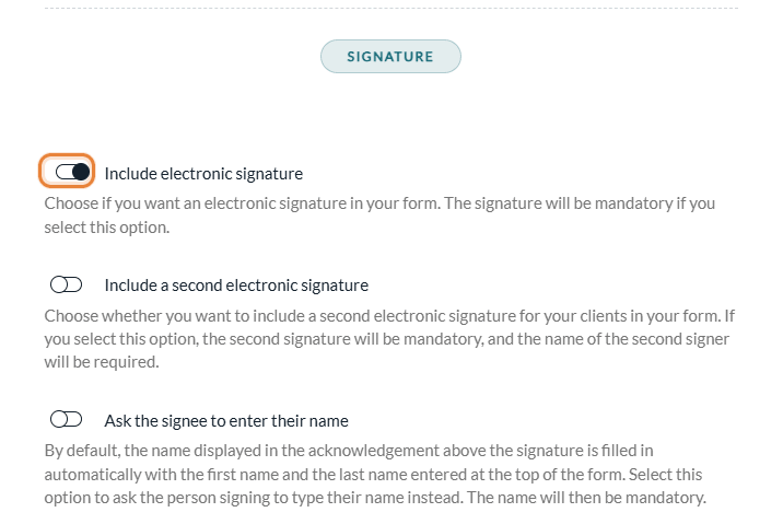 Signature section of the General tab of a form, with Include electronic signature turned on