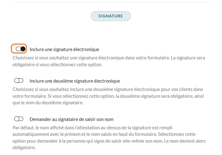 Section Signature de l'onglet Général d'un formulaire, avec Inclure une signature électronique activé