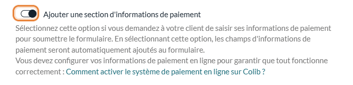 Option Ajouter une section d'informations de paiement dans l'onglet Général d'un formulaire