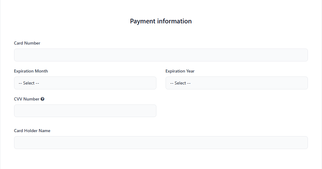Payment information section at the end of a form
