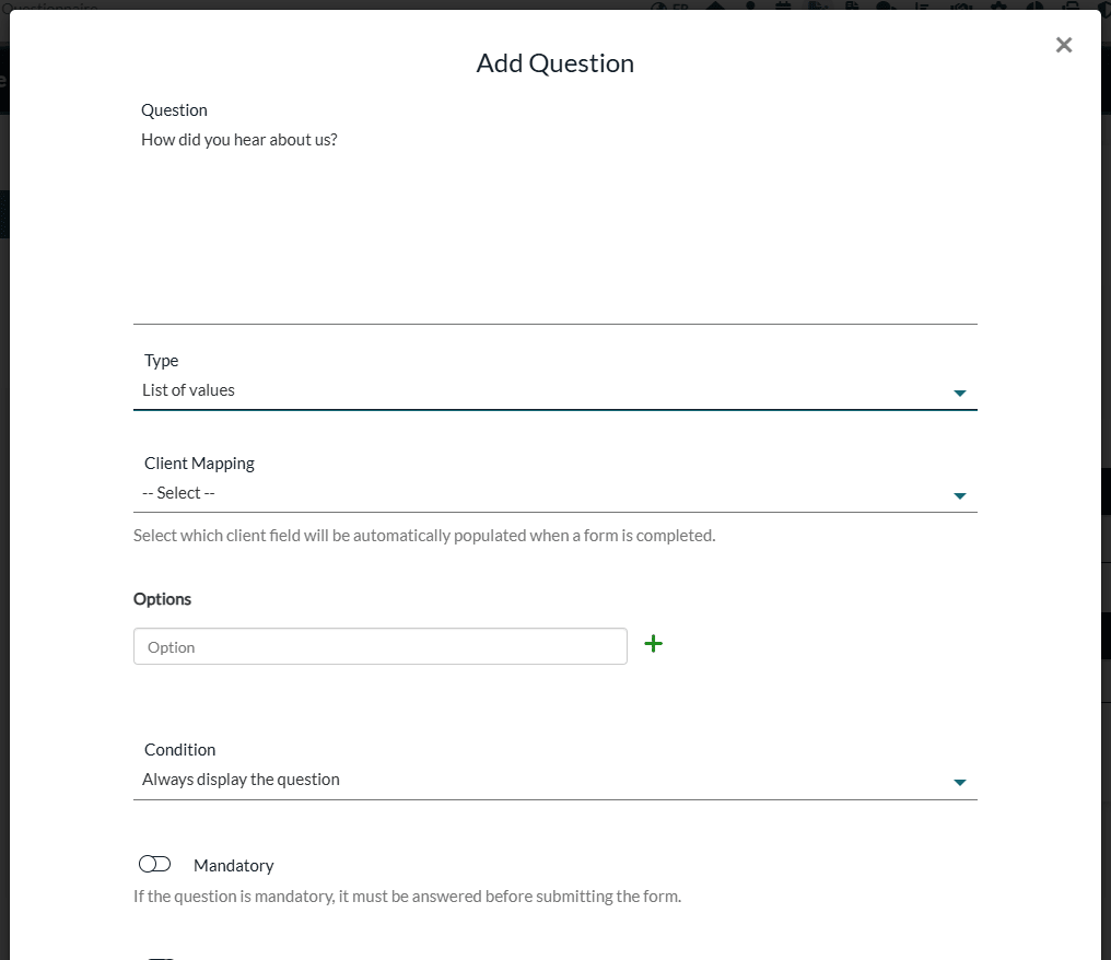 Add Question window with the question text and the List of values type