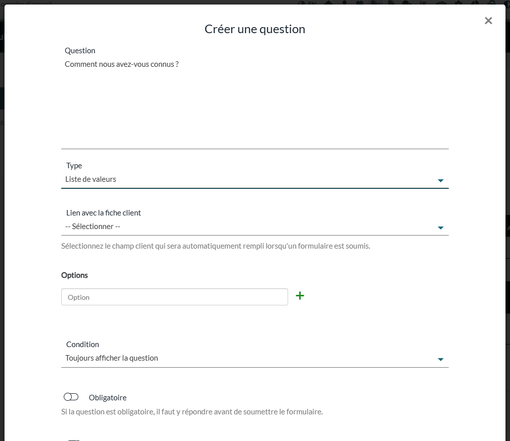 Fenêtre Créer une question avec le texte de la question et le type Liste de valeurs