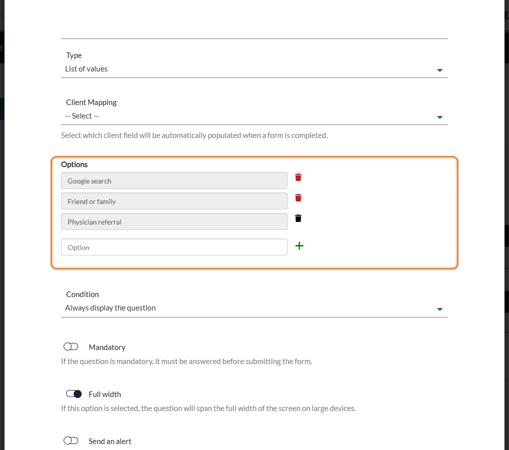 Options of a list of values: three choices and the box to add another one