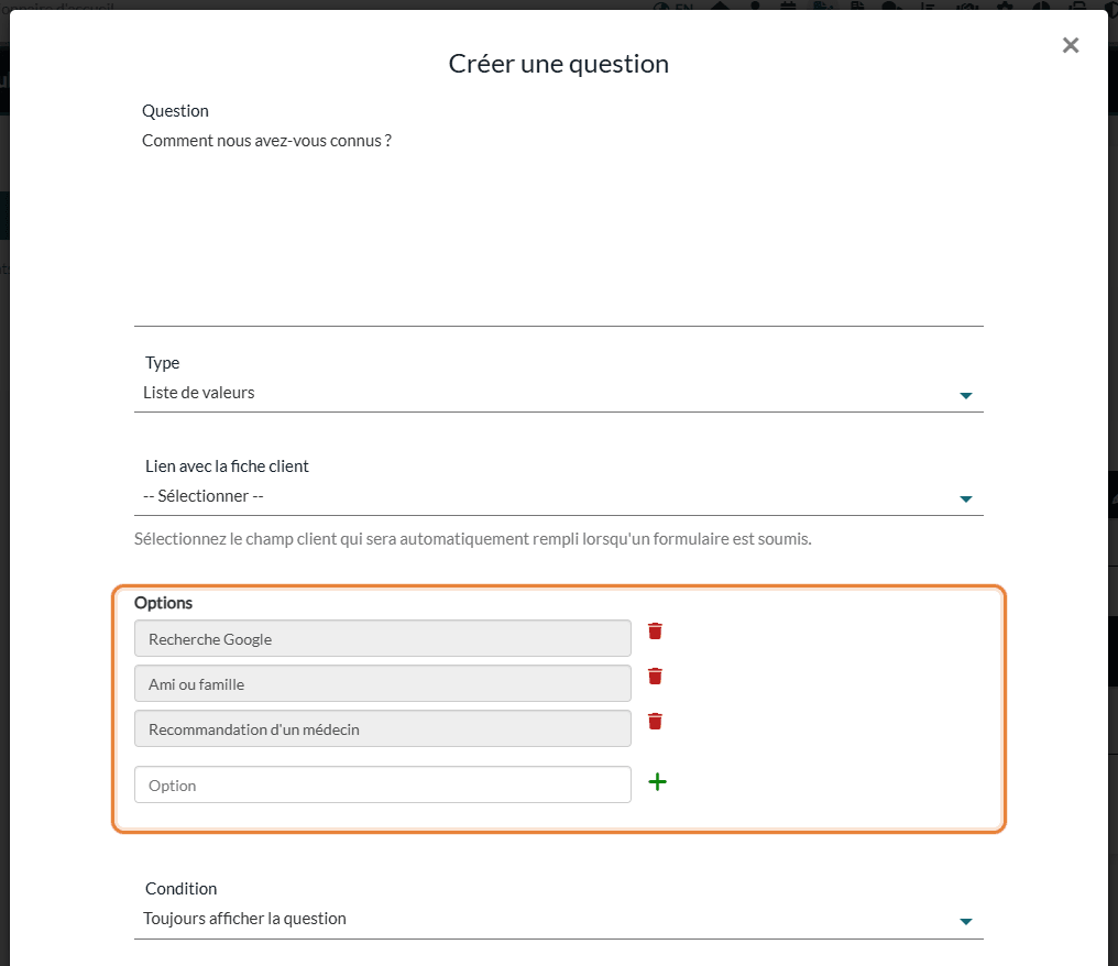 Options d'une liste de valeurs : trois choix et la case pour en ajouter un autre