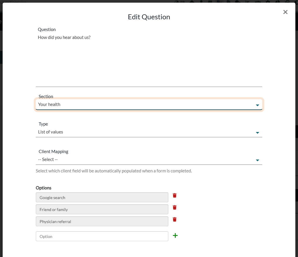 Edit Question window with the Section list to move the question to another section