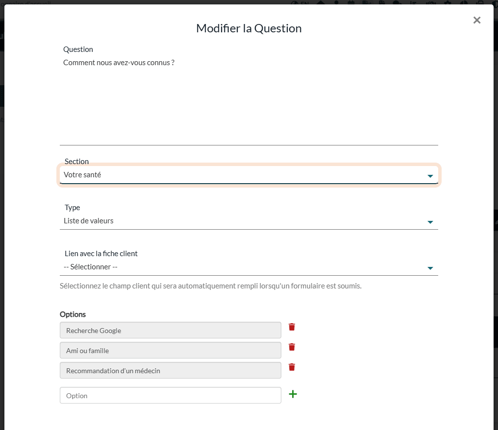 Fenêtre Modifier la Question avec la liste Section pour déplacer la question dans une autre section