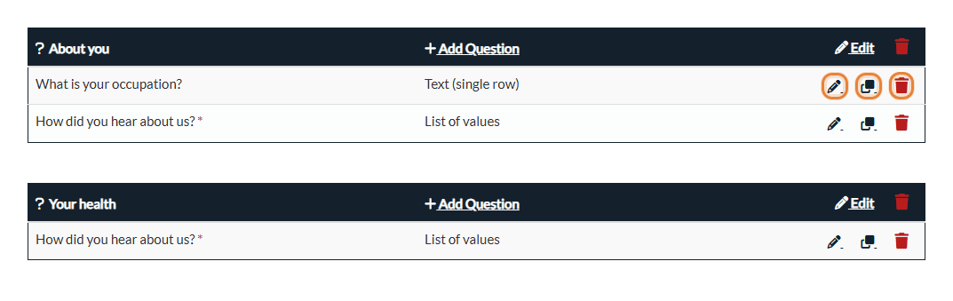 List of questions with the edit, duplicate and delete icons