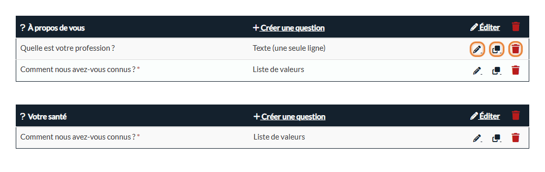 Liste des questions avec les icônes modifier, dupliquer et supprimer
