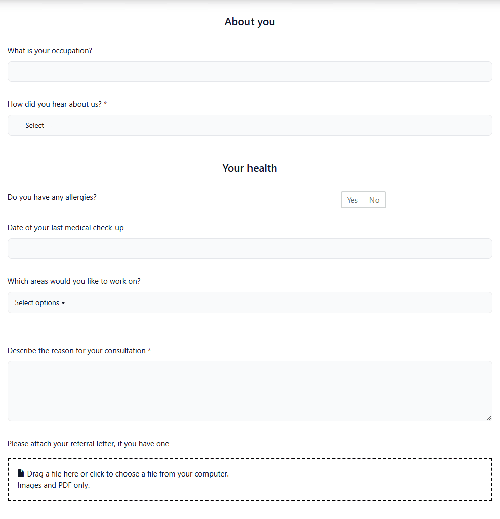Preview of a form with a question of each type: text, list of values, yes/no, date, multi selection list, text on several rows and document