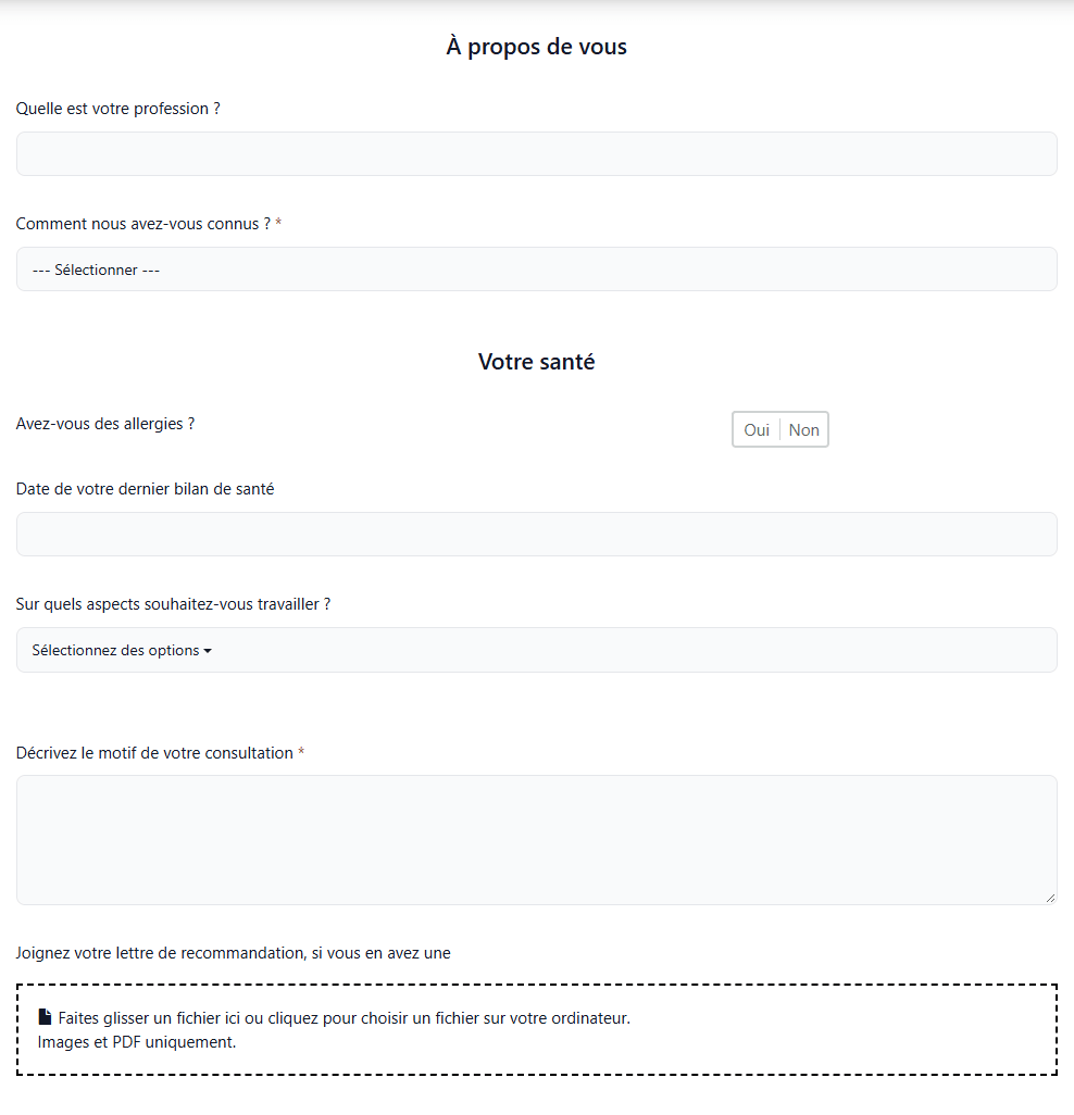 Aperçu d'un formulaire avec une question de chaque type : texte, liste de valeurs, oui/non, date, liste de sélection multiple, texte sur plusieurs lignes et document