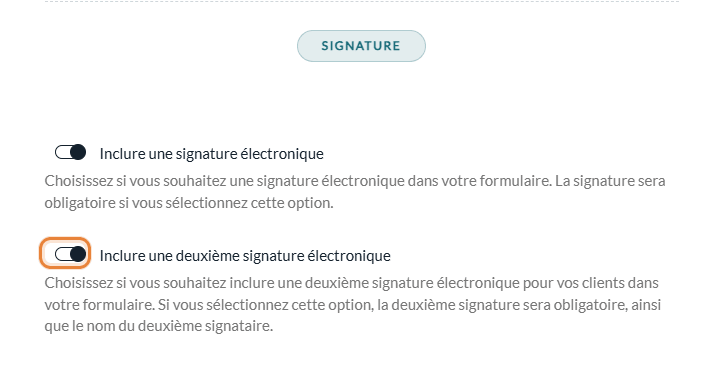 Section Signature de l'onglet Général avec Inclure une deuxième signature électronique activé