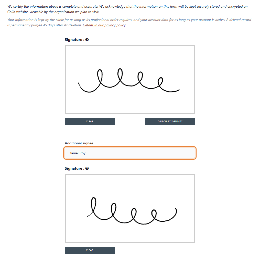 End of the form with the first signature, the Additional signee field and the second signature