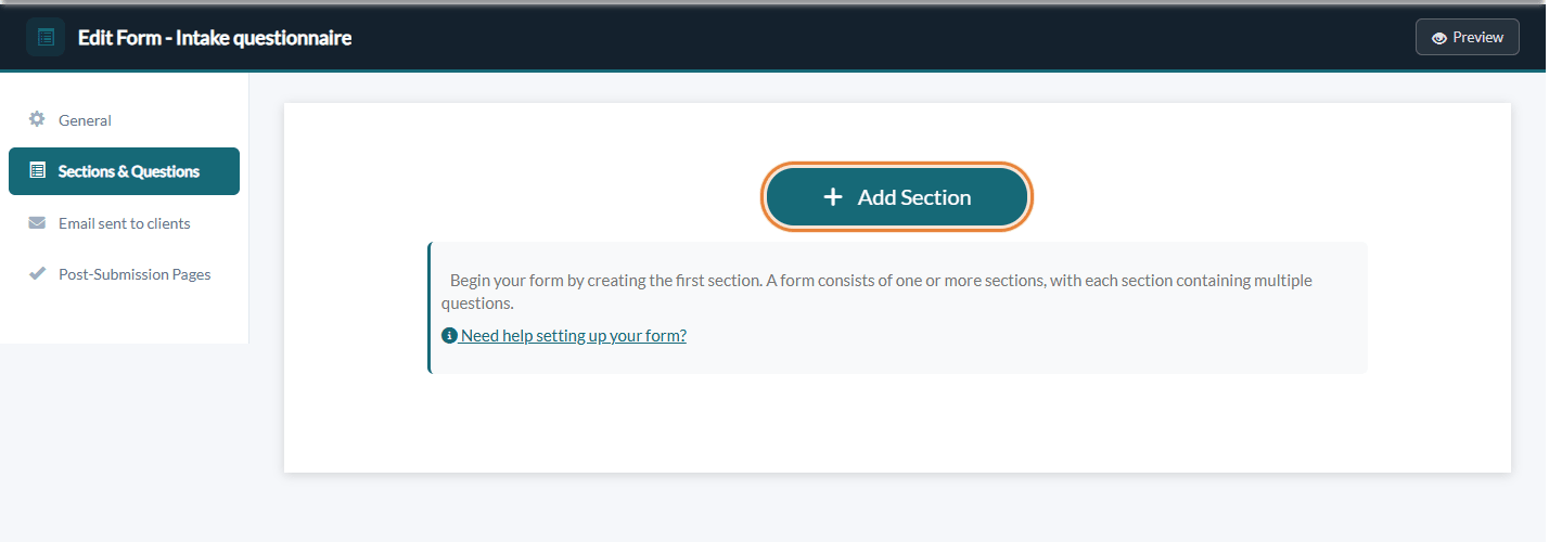Add Section button in the Sections & Questions tab of the form editor