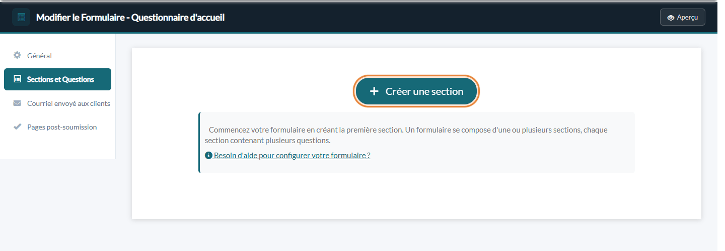 Bouton Créer une section dans l'onglet Sections et Questions de l'éditeur de formulaire