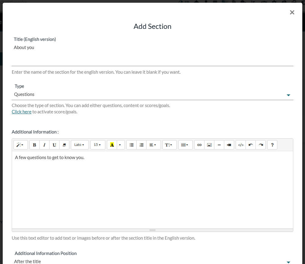 Add Section window with a title, the Questions type and an additional information text