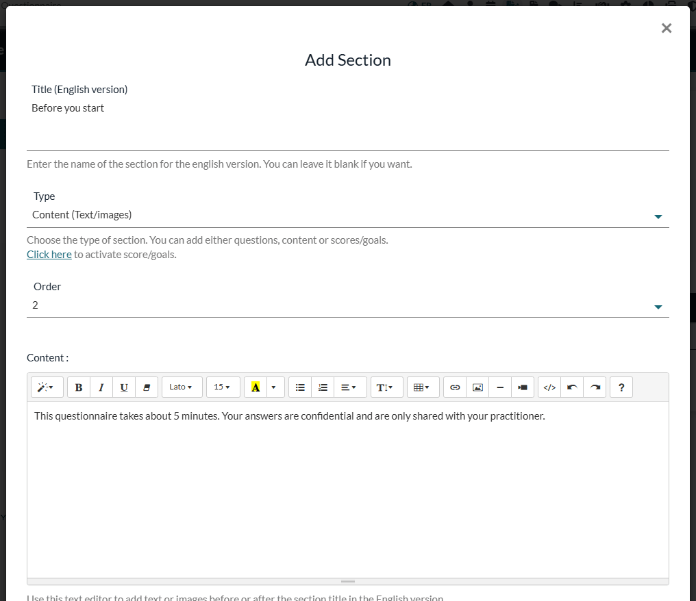 Add Section window for a Content (Text/images) section placed in position 2