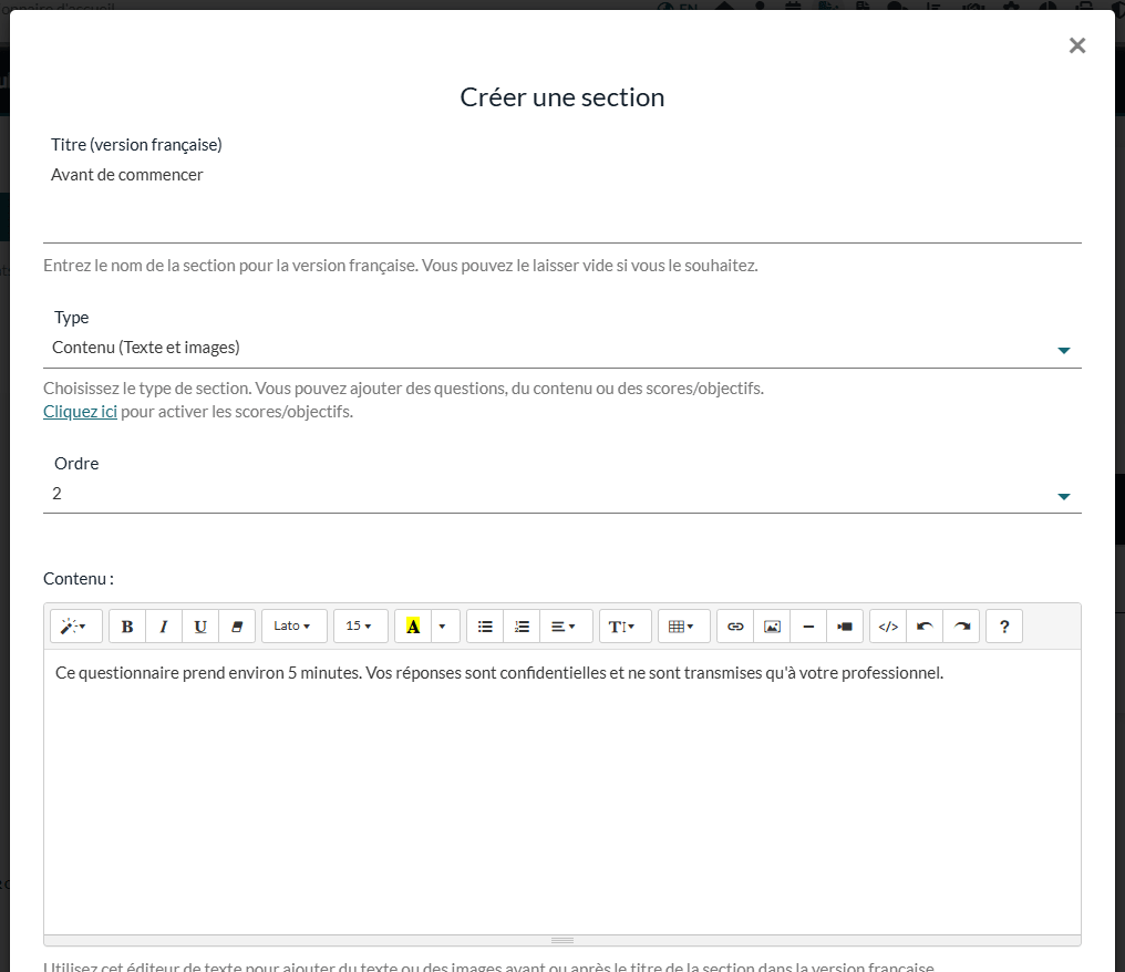 Fenêtre Créer une section pour une section Contenu (Texte et images) placée en position 2