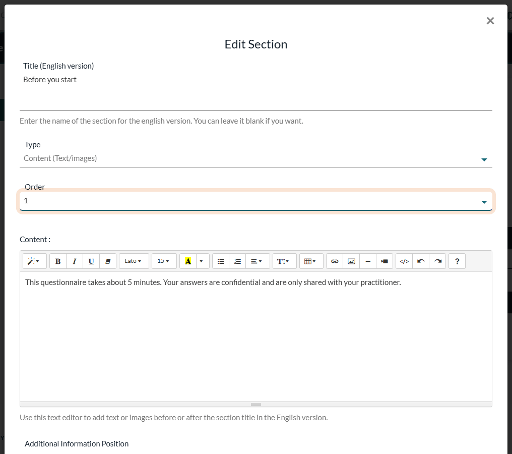 Edit Section window with the Order list set to 1