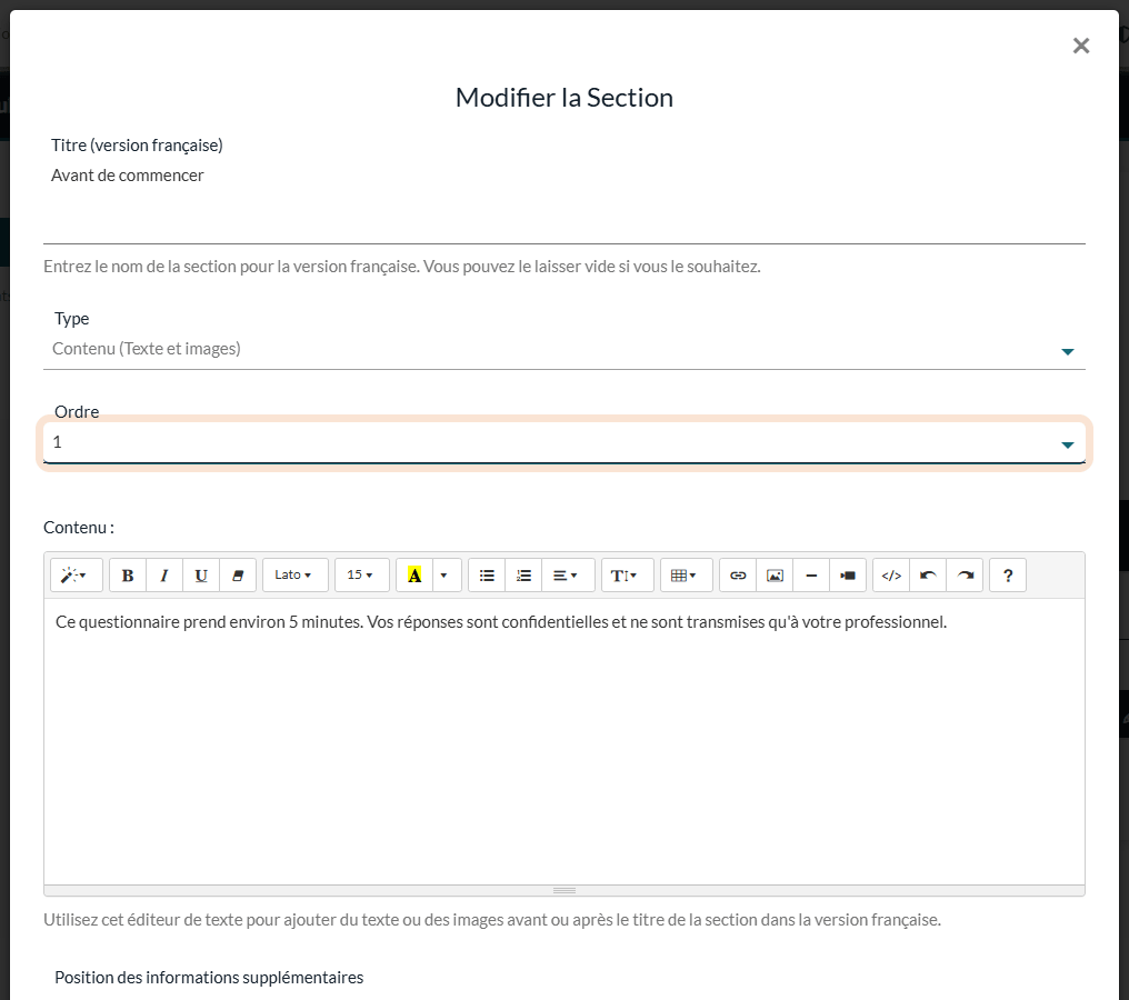 Fenêtre Modifier la Section avec la liste Ordre réglée sur 1