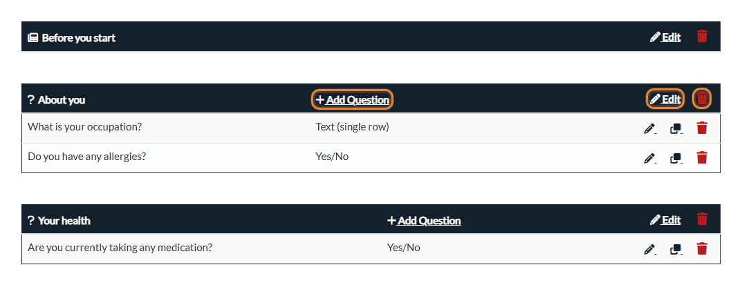 List of sections with the Add Question, Edit and delete buttons of a section