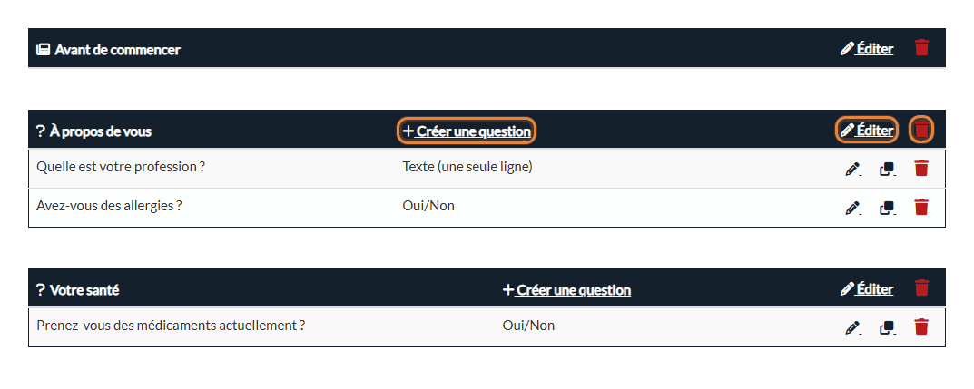 Liste des sections avec les boutons Créer une question, Éditer et supprimer d'une section