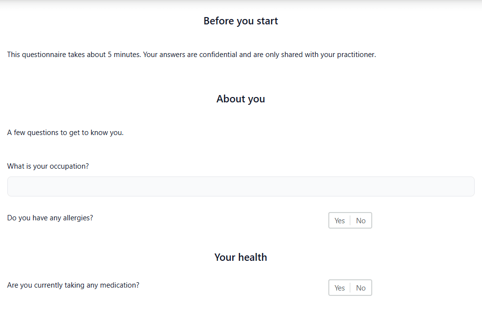 Preview of the form: a content section followed by two sections of questions