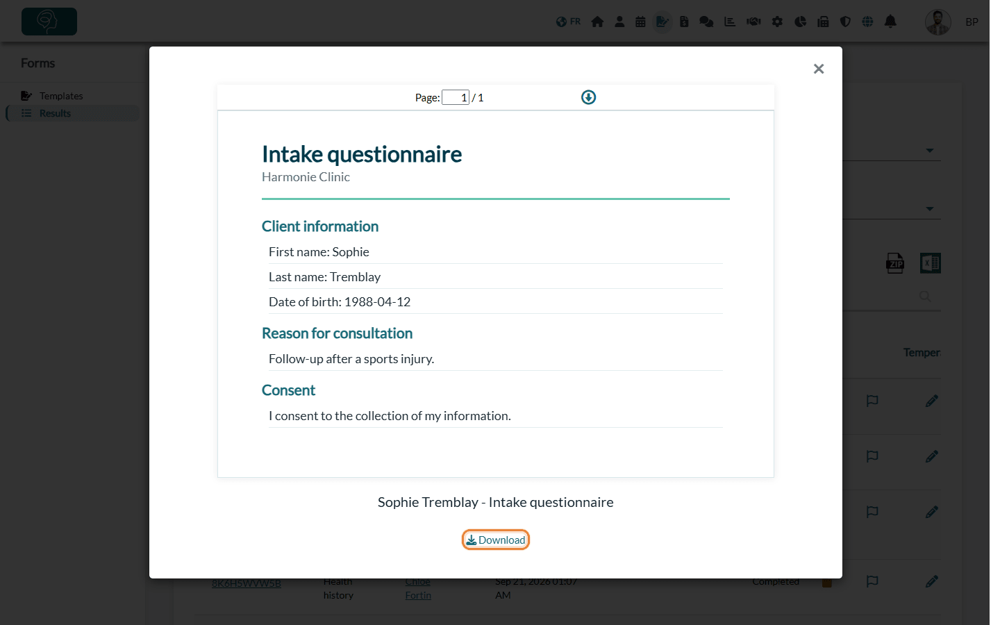 PDF viewer with the Download link