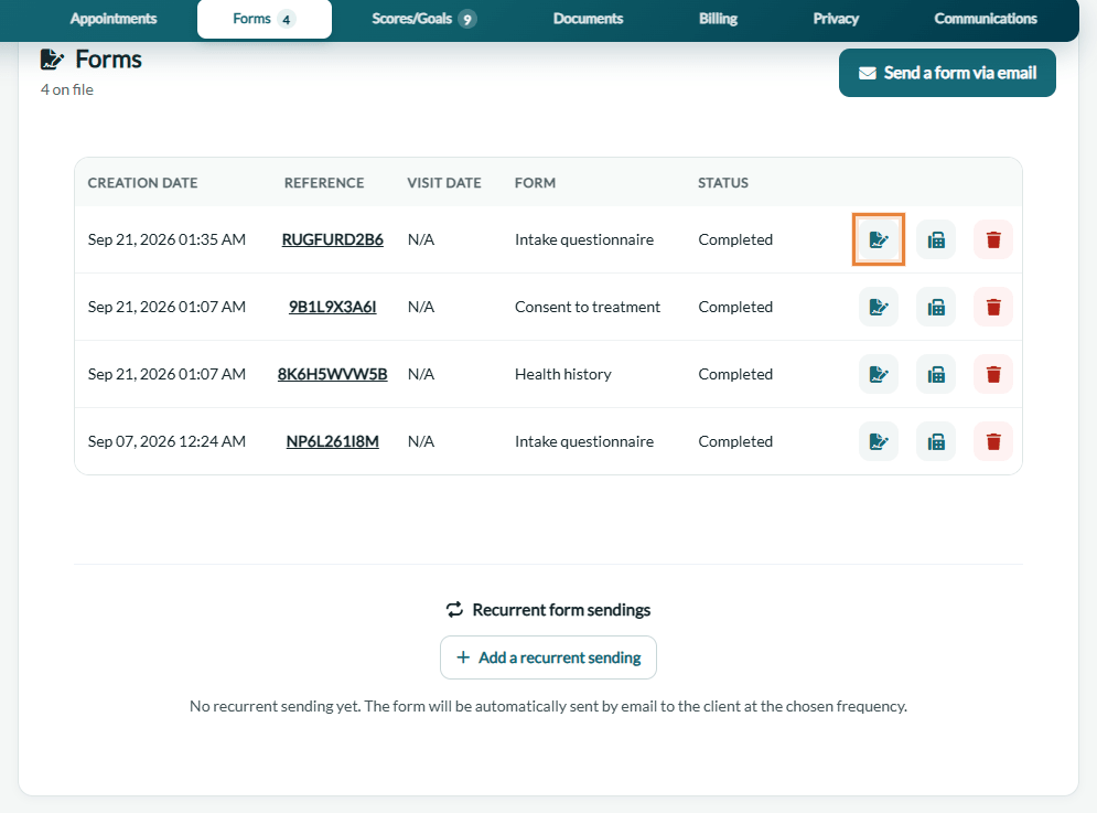 Forms tab of a client record with the PDF icon