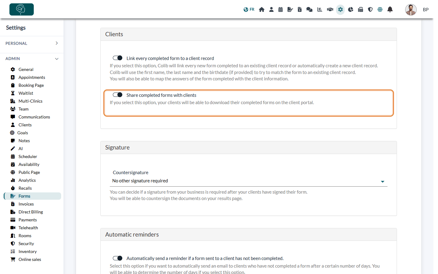 Share completed forms with clients option in Settings > Forms