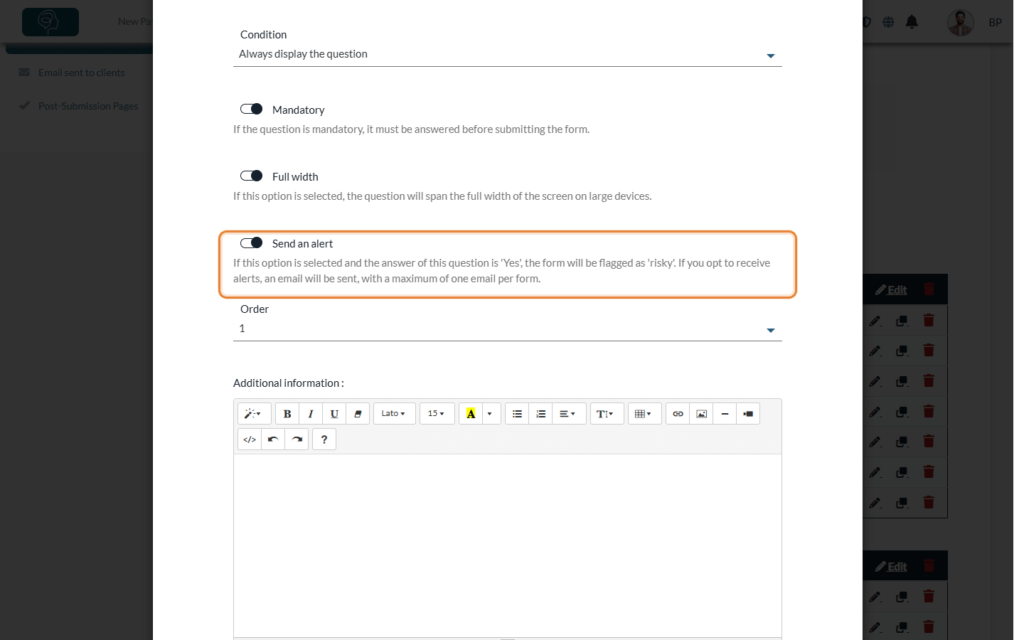 Send an alert option in the question editing window