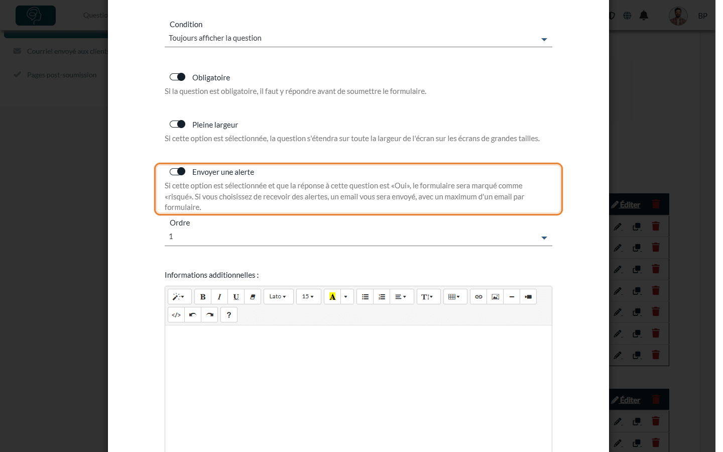 Option Envoyer une alerte dans la fenêtre de modification d'une question