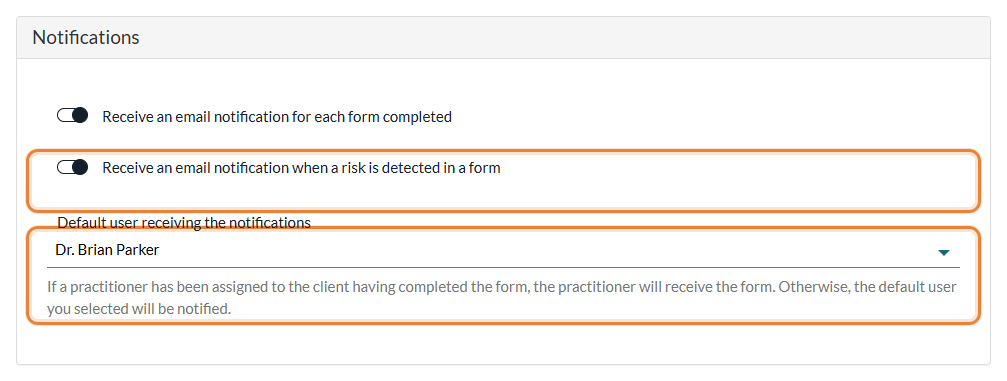 Notifications section in Settings > Forms with the risk alert and the default user