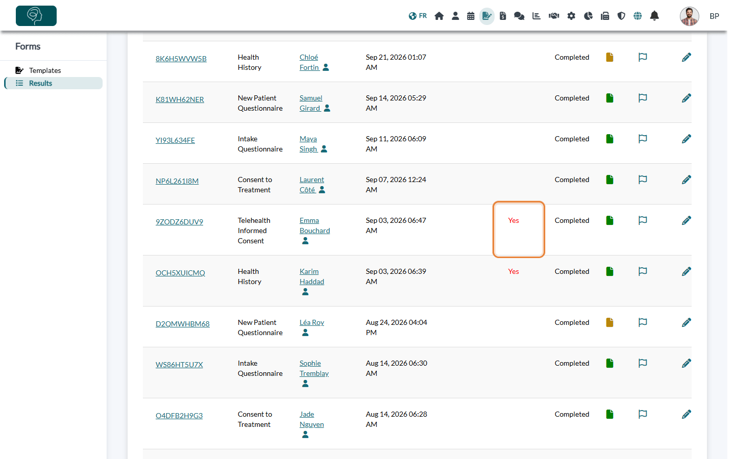 Risk? column of the Results page with a form flagged as risky