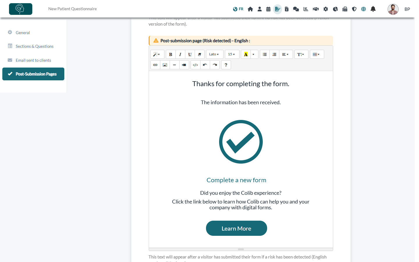 Post-submission page shown when a risk is detected, in the Post-Submission Pages tab