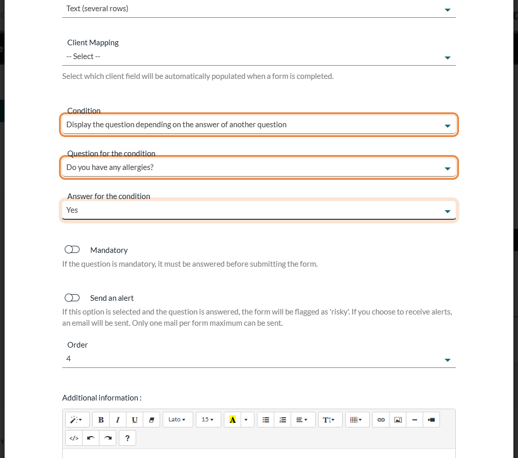 Condition, Question for the condition and Answer for the condition fields of a question